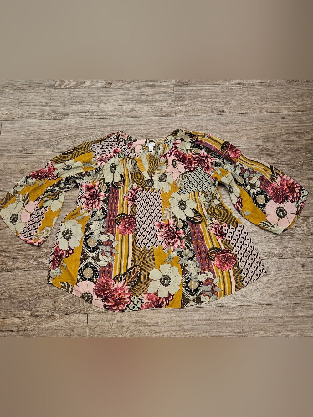Spense Bohemian Floral Patchwork Bell-Sleeve Tunic Mustard, Pink & Green Size L